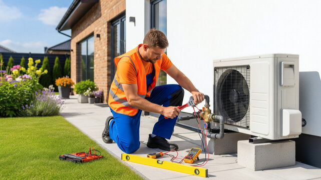 Technicien de maintenance ajustant un système de pompe à chaleur
