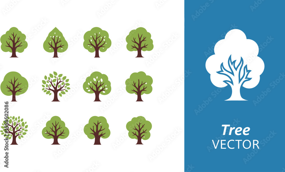 Poster illustration of twelve stylized trees in various shapes and a tree vector icon