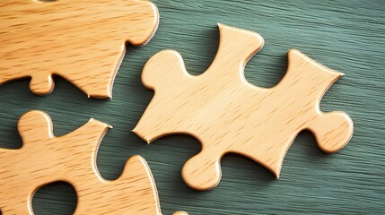 Fototapeta premium Wooden Puzzle Pieces on Green Background Teamwork Concept