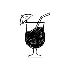 Tropical Drink Doodle Vector – Hand-Drawn Cocktail Glass with Umbrella Sketch