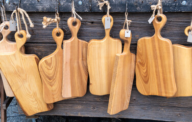 Handmade Wooden Cutting Boards for sale at a traditional Christmas market