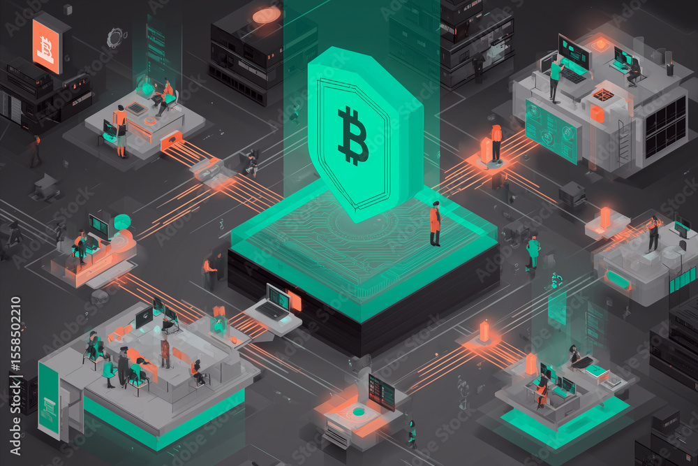 Poster cryptocurrency security concept, digital shield protecting crypto assets, hacker prevention visualiz