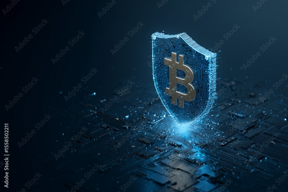 Poster cryptocurrency security concept, digital shield protecting crypto assets, hacker prevention visualiz