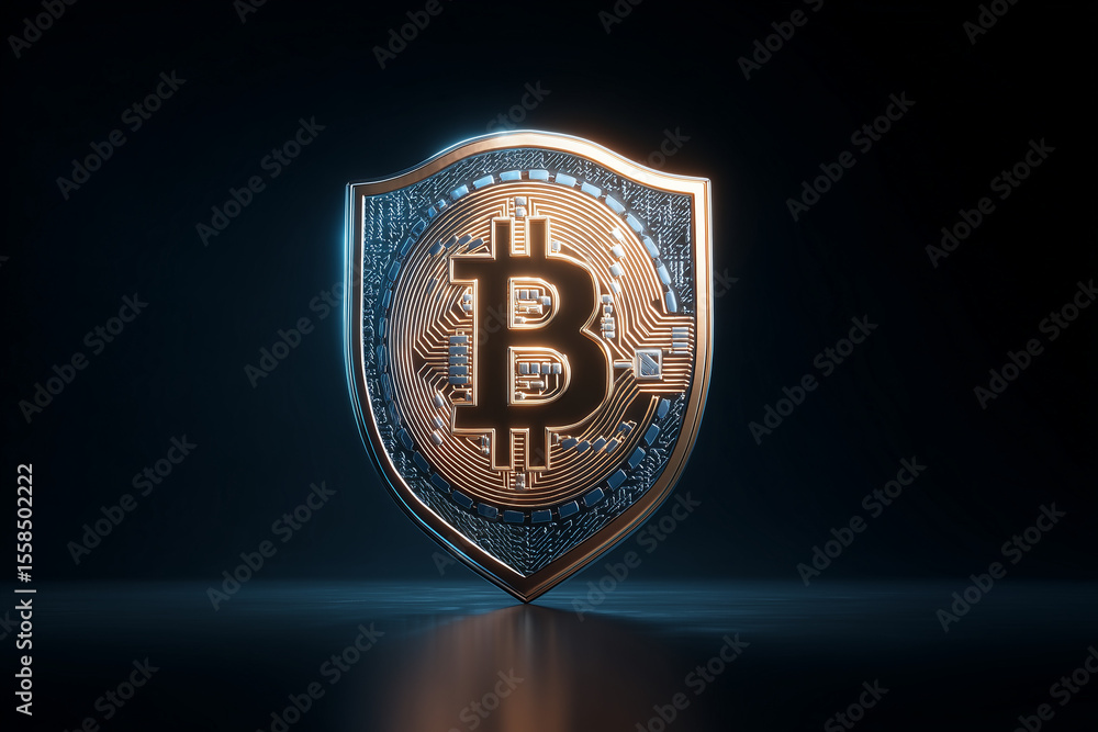 Poster cryptocurrency security concept, digital shield protecting crypto assets, hacker prevention visualiz