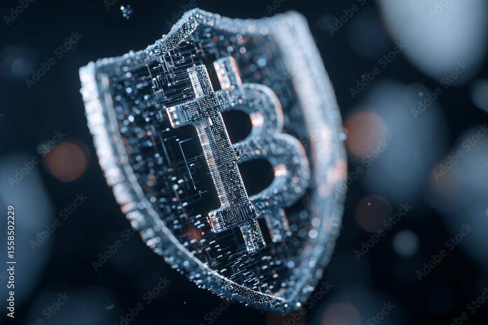 Poster cryptocurrency security concept, digital shield protecting crypto assets, hacker prevention visualiz