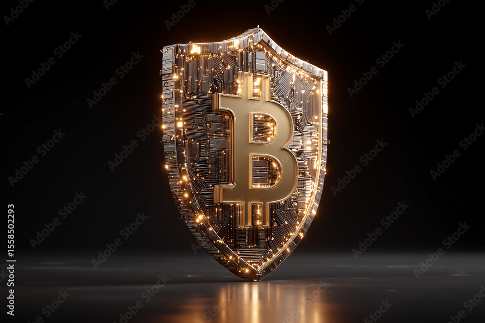 Poster cryptocurrency security concept, digital shield protecting crypto assets, hacker prevention visualiz