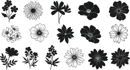 A collection of black and white flower illustrations on a white background page