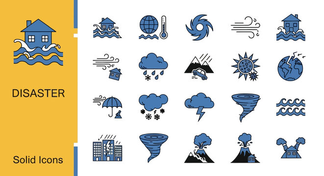 Natural Disasters Vector Icons Flooding, Hurricanes, Earthquakes and More - Iconography for environmental themes