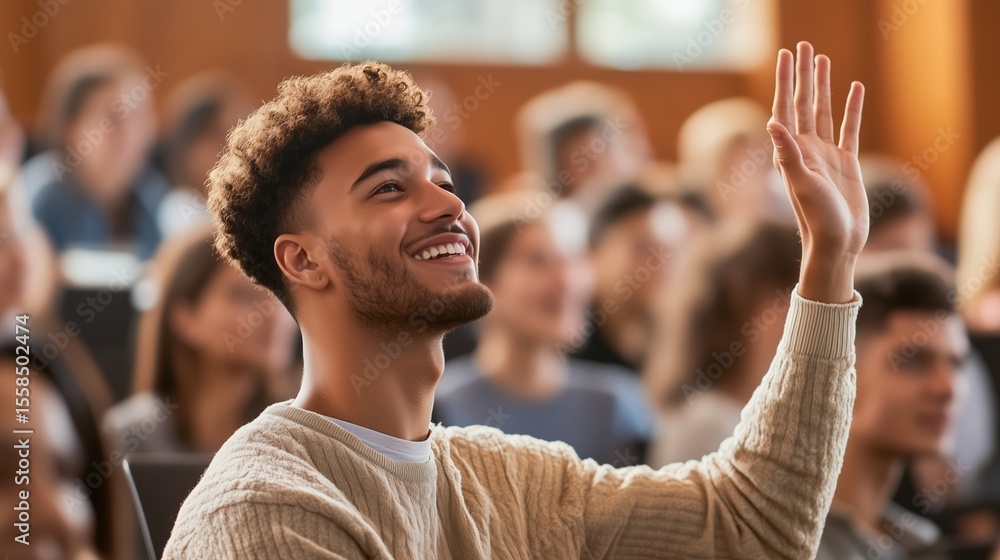 Poster student enthusiastically participates in classroom discussion during afternoon lecture at university