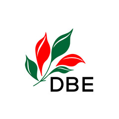 DBE Modern Leaf Logo Design with Red and Green Colors, DBE Later Logo, Nature Inspired Minimalist Logo Template, Professional Plant Logo for Business Branding.
