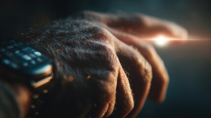 An old man's weathered hand, adorned with a modern smartwatch, catches the warm glow of sunlight, creating a poignant contrast of time and technology.
