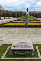 Commemorative stone with engraved inscription at the Soviet War Memorial in Treptower Park, Berlin,...