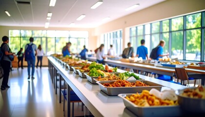 Cafeteria Lunch Buffet Students Serving with Diverse Dishes, Bright Interior, and Blurred BG.