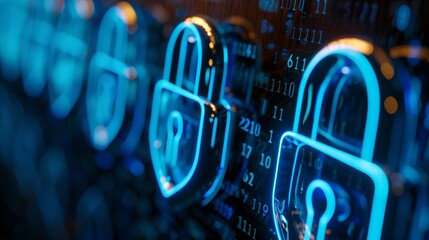 Digital locks glowing in blue against a backdrop of binary code representing data security