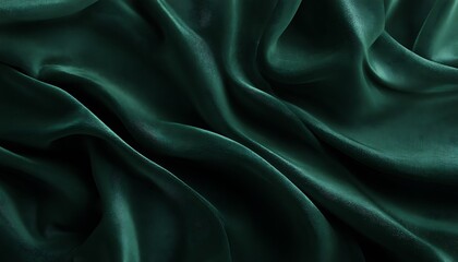 Close up of dark green satin fabric with folds and shadows creating a luxurious texture effect