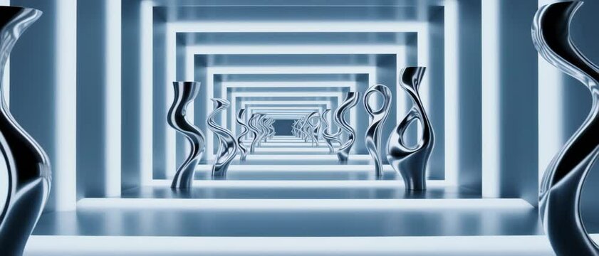 Infinite Recursion A Digital Art Exploration of Abstract Sculptures in a Luminous Corridor