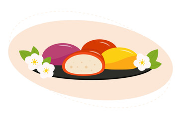 Mochi. Japanese traditional sweet soft dessert. Rice flour ball with bean paste. Asian sweet food. Vector illustration