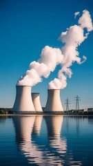 Serene view showcases cooling towers of a nuclear power plant reflected in calm waters under a clear blue sky, a symbol of energy.