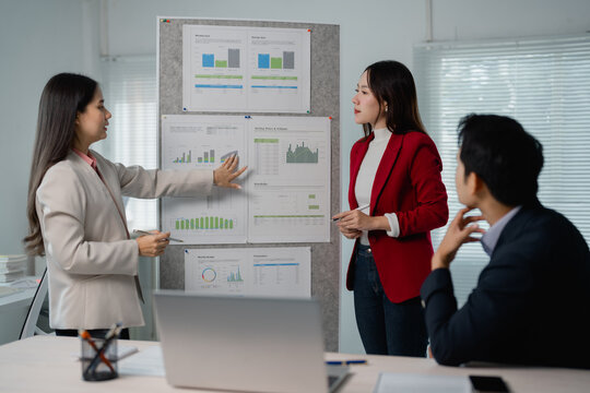 Marketing team discussing company strategy during a presentation meeting analyzing financial graphs on whiteboard, teamwork and cooperation concept