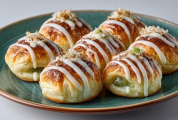 Fototapeta premium Delightful flaky pastries with cream filling and decorative icing on a green plate perfect for dessert or bakery-themed culinary photography