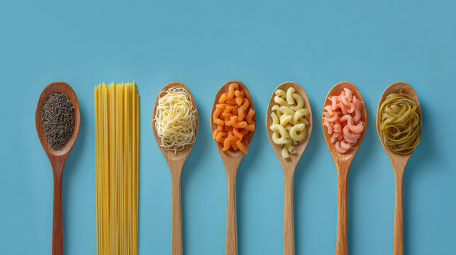 Various types of pasta displayed in wooden spoons on a blue backdrop.
