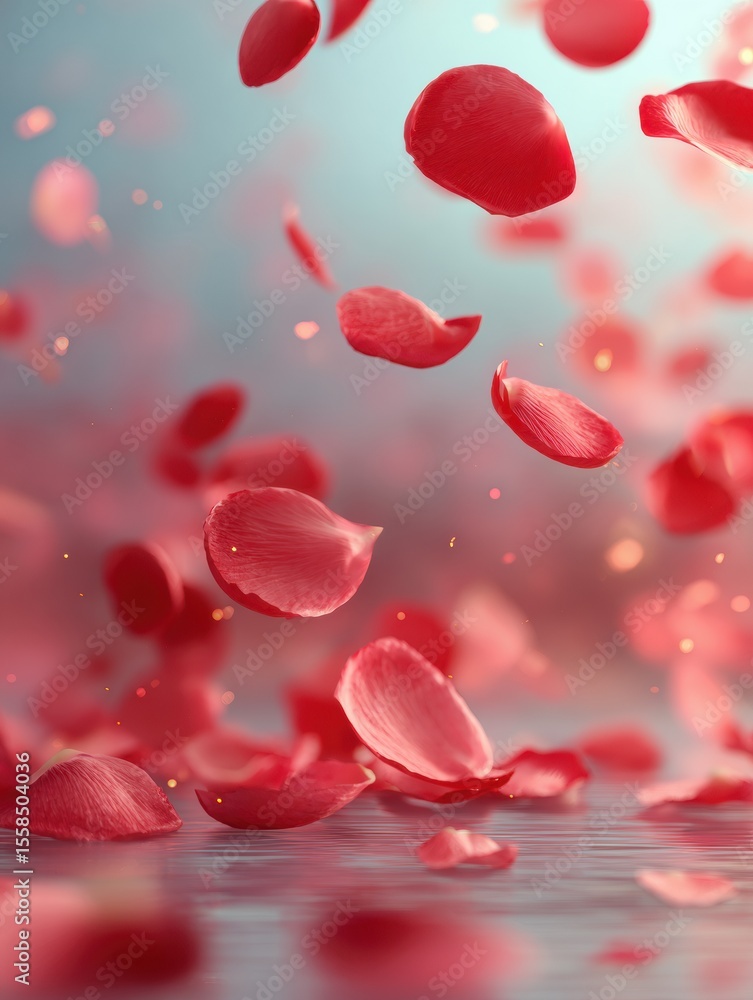 Poster Glowing Red Rose Petals Float Gently Across a Soft Pastel Background Creating a Dreamy and Romantic Atmosphere in a Serene Setting