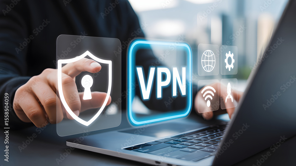 Aufkleber person using a laptop and activating a vpn connection with a shield icon for security and enhanced o