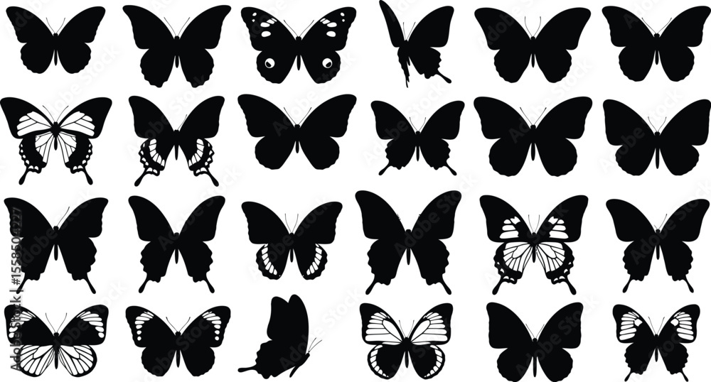 Poster a collection of twenty four butterfly silhouettes arranged in a grid pattern on white