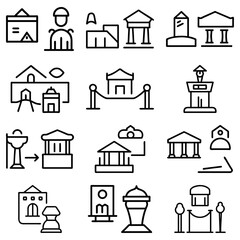 Collection of museum and historical site icons depicting architecture and artifacts in outline style design
