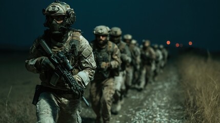 Military unit on patrol at night, armed and in formation, walking along a gravel path in a field.