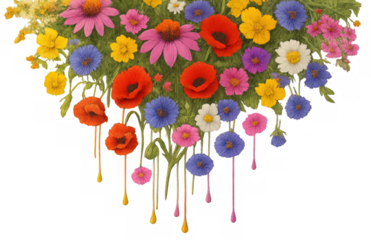 Colorful illustration of various flowers dripping paint on a transparent background, ideal for creative projects