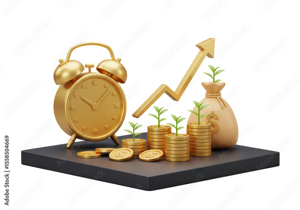 Poster a 3d render of time is money investment concept with clock and growth arrow isolated on transparent 
