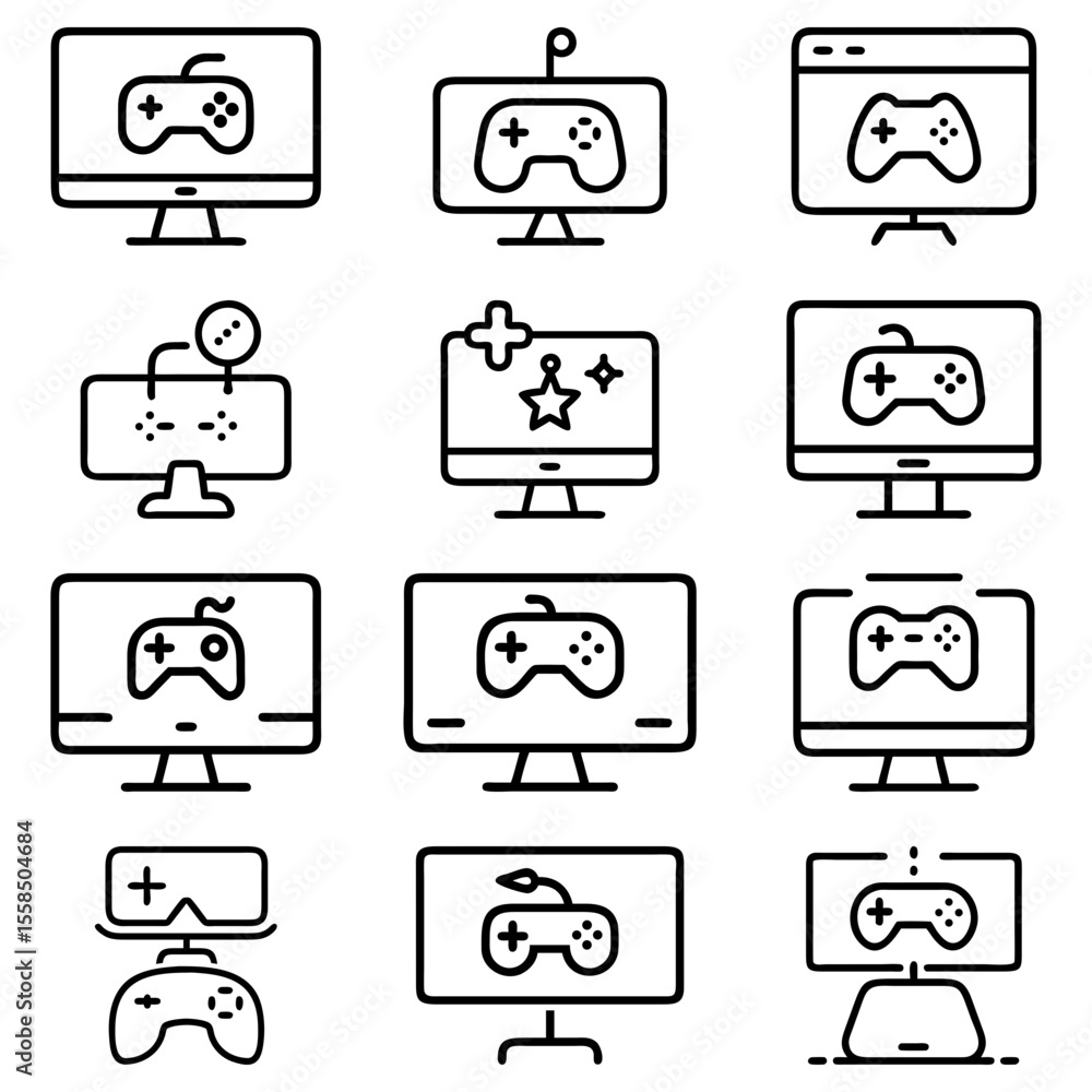 Poster outline illustrations of gaming monitors and virtual reality headsets displaying game controllers ic