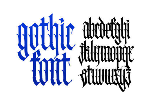 Full Latin alphabet in the Gothic style. Vector. Calligraphy and lettering. Medieval Latin letters. Elegant font for tattoo. All letters are separate.