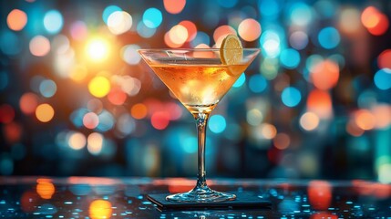 Cocktail on bar with bokeh lights