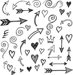 Set of hand drawn arrows and hearts vector illustration with sketch style pattern and icons for design and text background