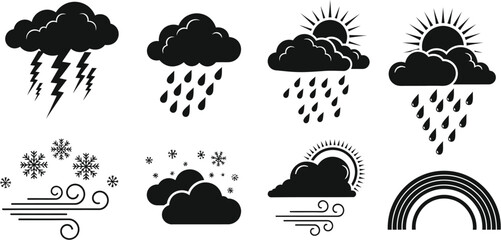 Illustration of various weather conditions including rain, snow, sun and rainbow