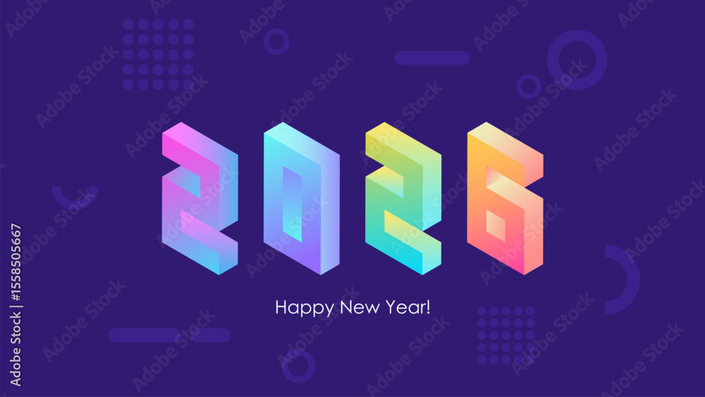 Poster 2026 happy new year isometric text design with trendy bright neon gradients for 2026 year holiday gr