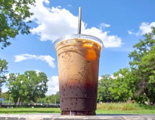 暑い日の公園に置かれたテイクアウトのアイスコーヒー