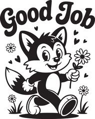 Cute cartoon kitten and mouse illustration with a black cat holding a flower