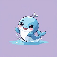 A single adorable chibi-style whale character in a playful pose. The whale is rounded and soft, with big expressive eyes, a tiny smile, and a cartoonish appearance. It could be jumping, floating, or p