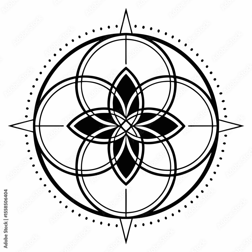 Poster monoline hand drawing of monoline sacred geometry design featuring overlapping shapes and intricate 