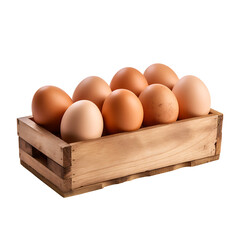 Brown eggs in a wooden box isolated on a transparent background