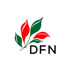 DFN Modern Leaf Logo Design with Red and Green Colors, DFN Later Logo, Nature Inspired Minimalist Logo Template, Professional Plant Logo for Business Branding.
