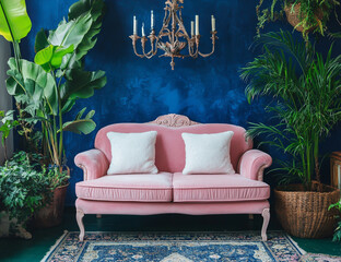 Cute Pink Sofa with White Pillows Against Dark Blue Wall