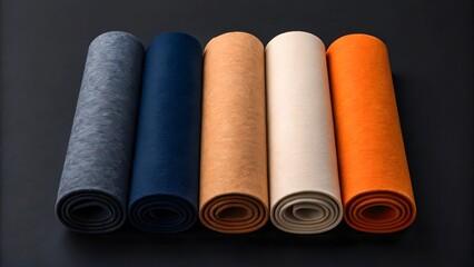 Fototapeta premium Five rolled fabric swatches in a spectrum of colors on black background