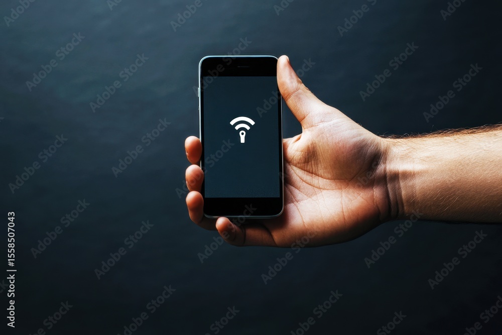 Poster hand holding smartphone displaying wi-fi symbol with lock icon representing internet security and co