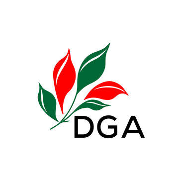 DGA Modern Leaf Logo Design with Red and Green Colors, DGA Later Logo, Nature Inspired Minimalist Logo Template, Professional Plant Logo for Business Branding.
