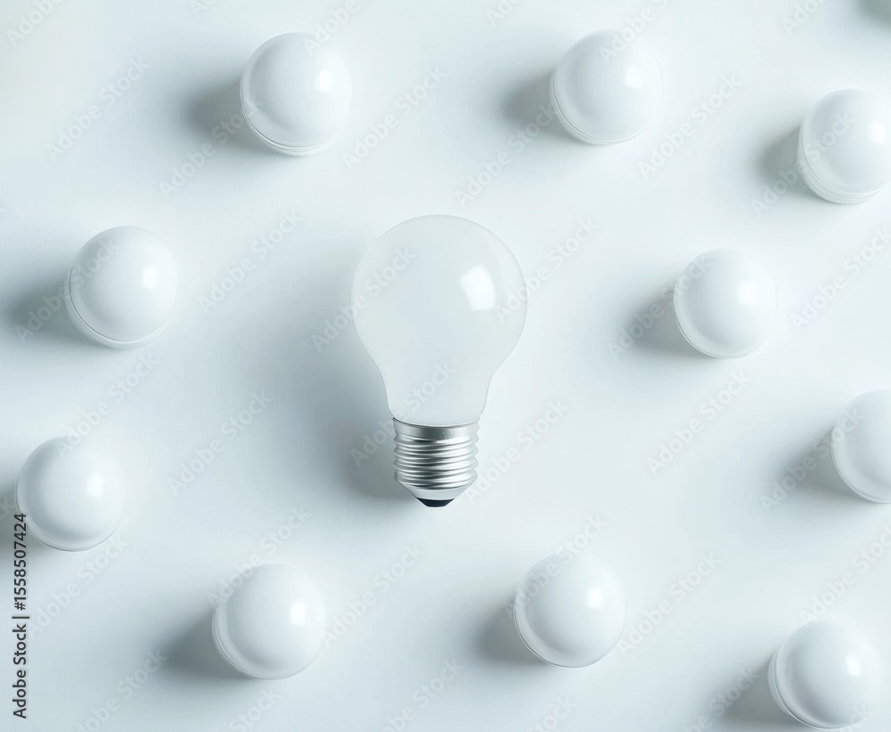 Poster unique light bulb surrounded by multiple identical light bulbs on a minimalist white background for 