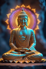 Fototapeta premium Mystical Blue Buddha Seated in Cosmic Meditation Surrounded by a Radiant Divine Glow 